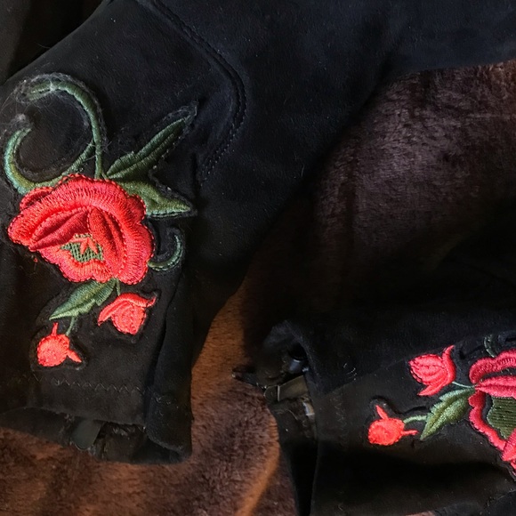 Black Booties with Rose Embroidery Appliqués - Picture 3 of 6